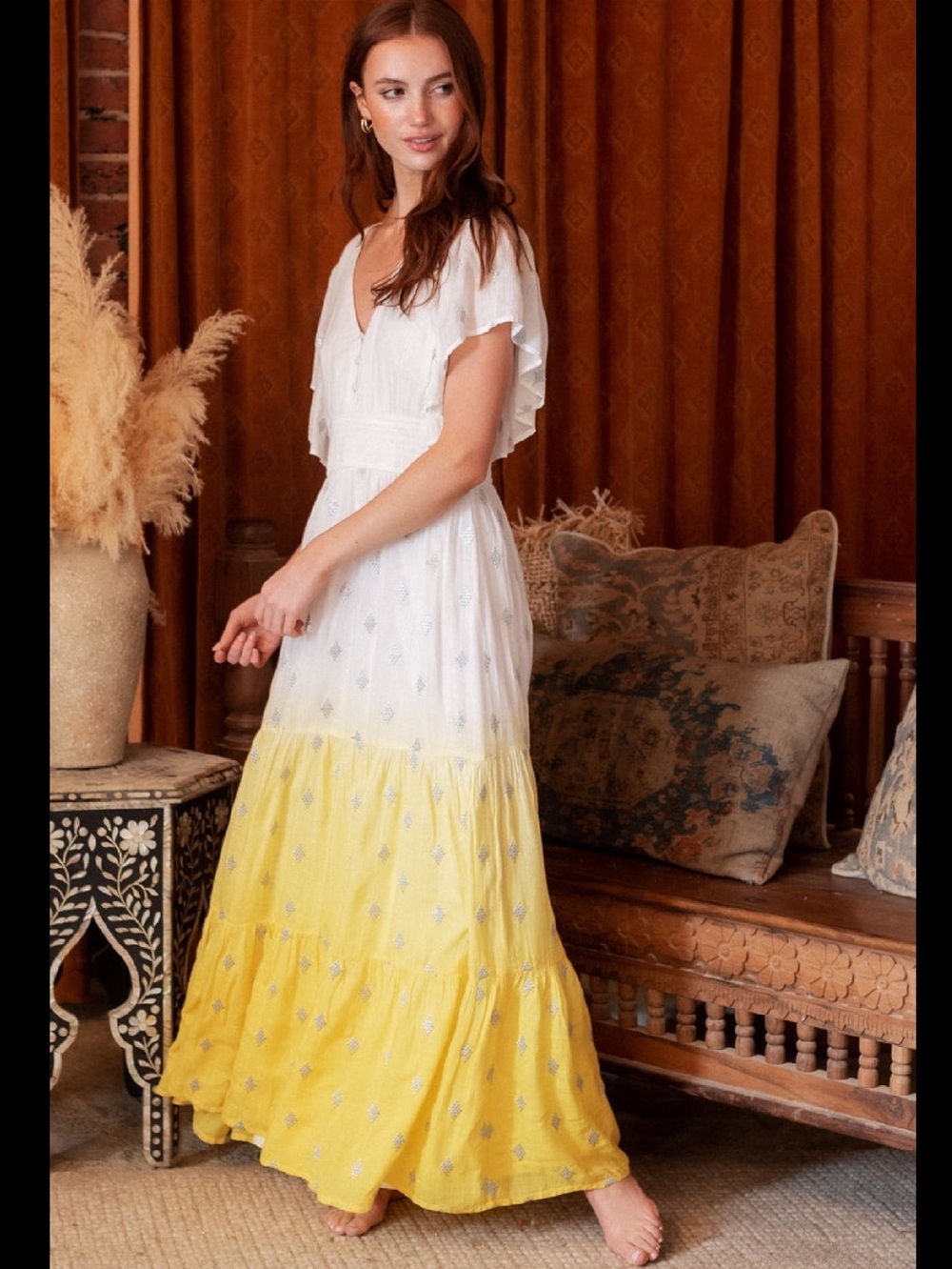 En Crème Bohemian White and Yellow Tiered Maxi Dress 💖💖